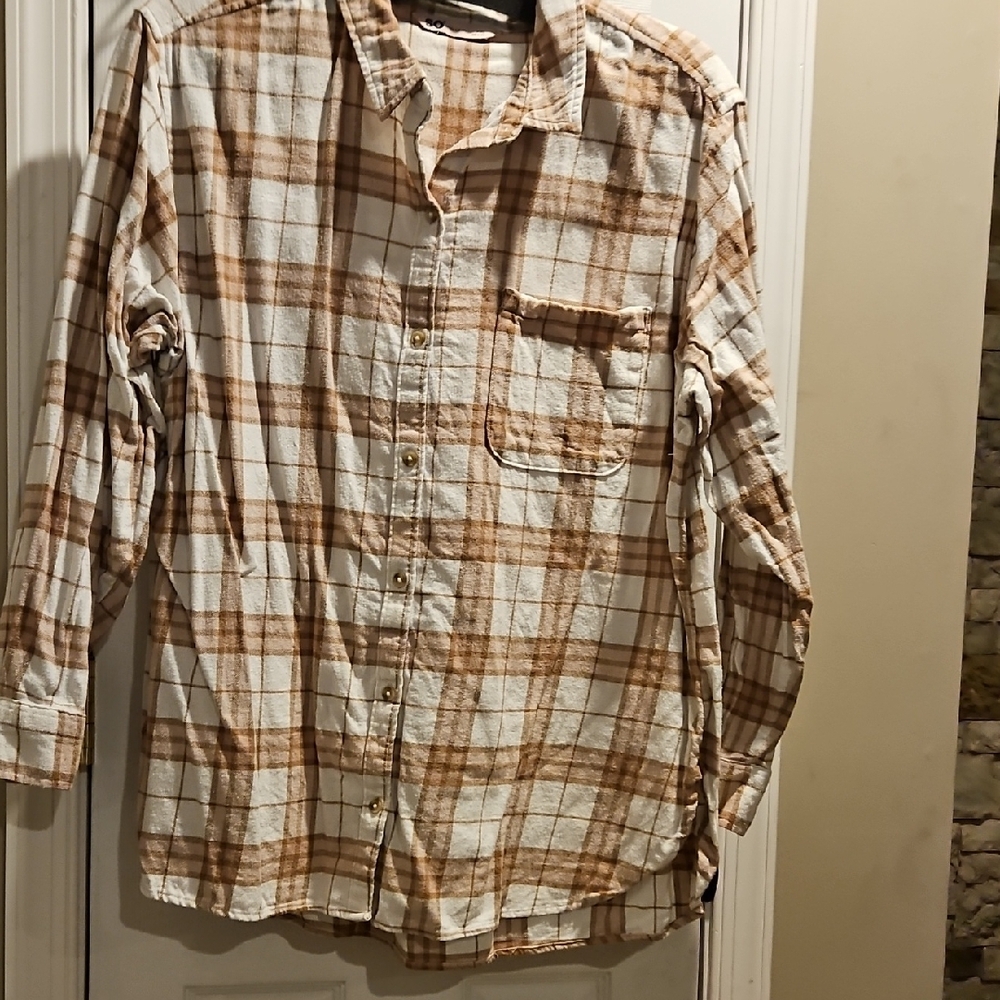 SO Women's Plaid Button-Down Shirt - Tan and White - Picture 3 of 6